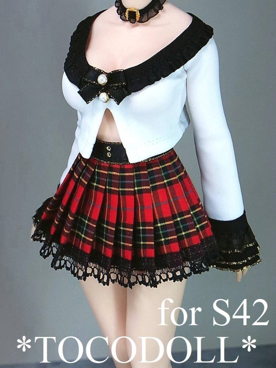 ＊toco＊Phicen/TBLeague用 S42 カーディガン風フリルトップス＆プリーツスカート/レッド チェック_画像2