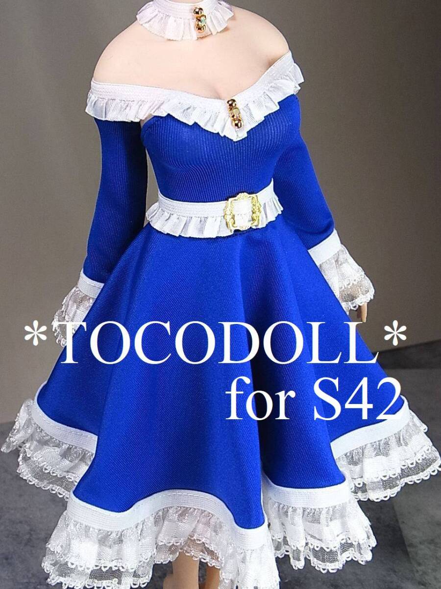 ＊toco＊Phicen/TBLeague用 S42 フレアワンピースセット アームカバー付/サファイアブルー×白_画像1