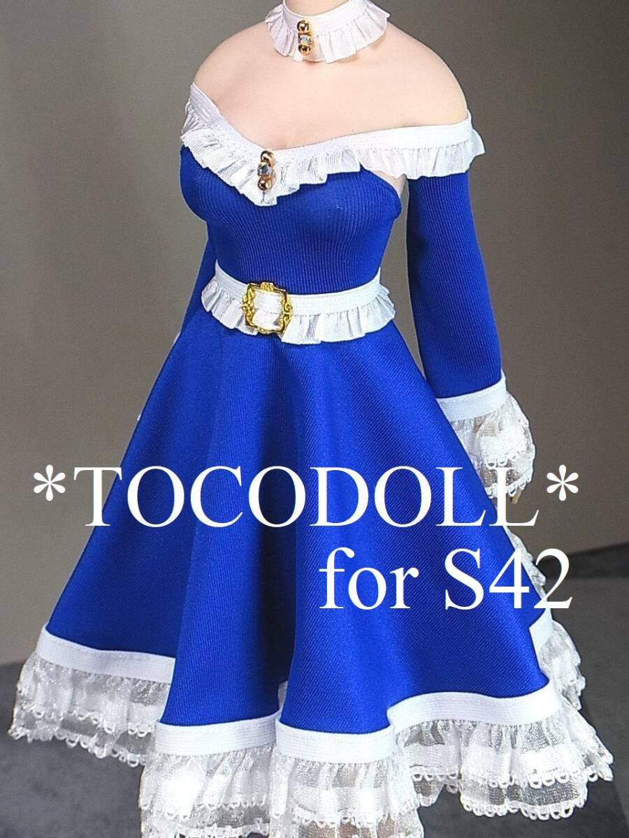 ＊toco＊Phicen/TBLeague用 S42 フレアワンピースセット アームカバー付/サファイアブルー×白_画像2