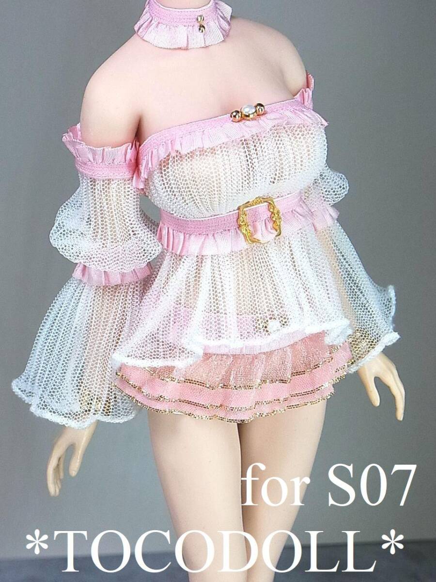 ＊toco＊Phicen/TBLeague用 S07 シアートップス＆ティアードプリーツスカート/白×ピンク×ゴールド_画像1