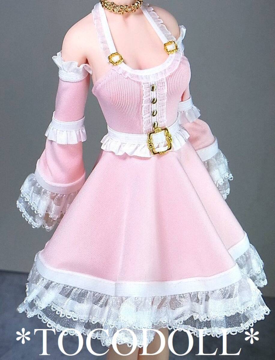 ＊toco＊Phicen/TBLeague用 S34 フレアワンピースセット アームカバー付/ピンク×白×ゴールド_画像2