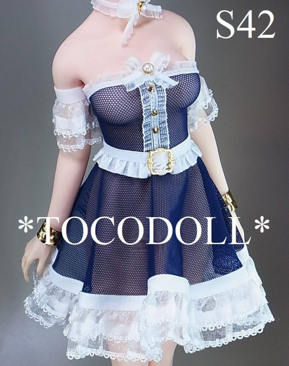 ＊toco＊Phicen/TBLeague用 S42 フレアワンピースセット アームカバー付/ネイビー×白×ゴールド_画像1