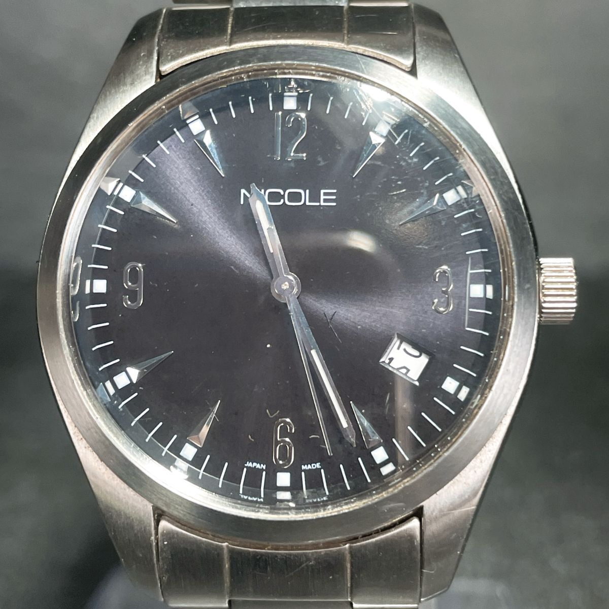 NICOLE ニコル NC-20A0 腕時計 アナログ クオーツ 3針 カレンダー ブラック文字盤 メタルバンド シルバー 新品電池交換済み 動作確認済み_画像1