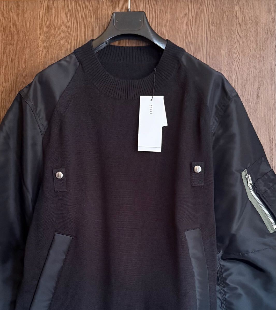 黒3新品 sacai MA-1 ニット セーター ドッキング 再構築 黒 25SS size 3 L 長袖 プルオーバー サカイ メンズ ブラック_画像2