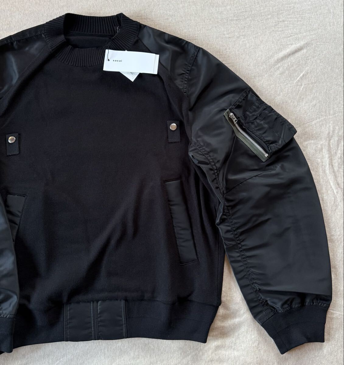 黒3新品 sacai MA-1 ニット セーター ドッキング 再構築 黒 25SS size 3 L 長袖 プルオーバー サカイ メンズ ブラック_画像5