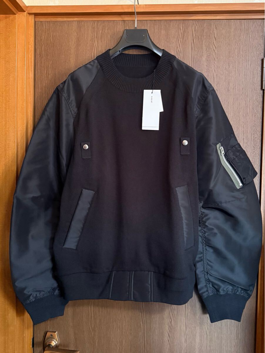黒3新品 sacai MA-1 ニット セーター ドッキング 再構築 黒 25SS size 3 L 長袖 プルオーバー サカイ メンズ ブラック_画像1
