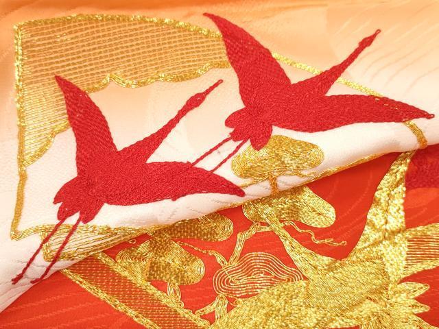 平和屋着物[]七五三　女の子　３歳　祝着　三つ身　長襦袢セット　駒刺繍　地紙重ね飛鶴松葉文　暈し染め　逸品　CAAR6667ze_画像4