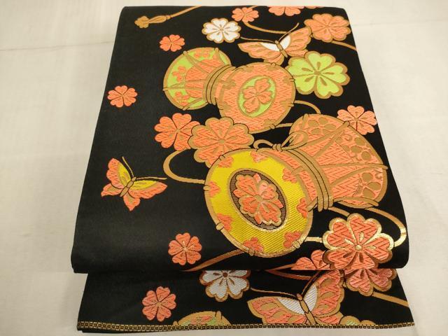 平和屋着物[]子供　全通柄袋帯　唐織　鼓花蝶文　黒地　金彩　AAAU5398ja_画像1