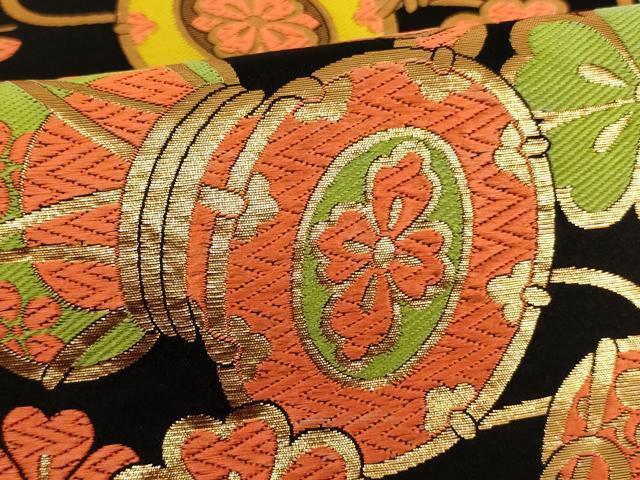 平和屋着物[]子供　全通柄袋帯　唐織　鼓花蝶文　黒地　金彩　AAAU5398ja_画像3