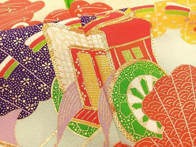 平和屋着物[]七五三　女の子　７歳　祝着　四つ身　駒刺繍　御所車花蝶文　金彩　逸品　BAAT2946mz_画像6