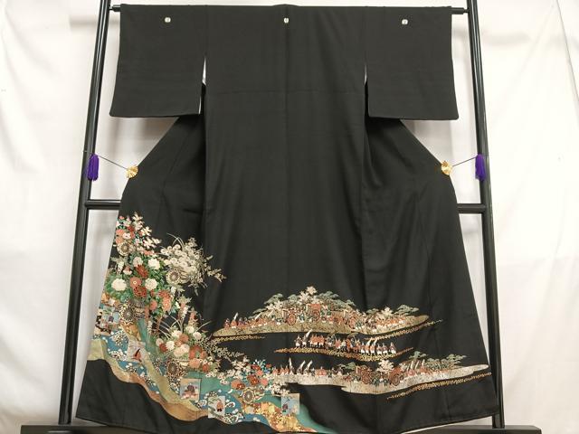 平和屋着物■豪華黒留袖　花車人物文　金彩　正絹　逸品　AABC7546oa_画像1