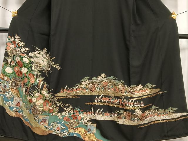 平和屋着物■豪華黒留袖　花車人物文　金彩　正絹　逸品　AABC7546oa_画像3