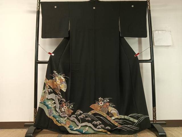 平和屋着物■豪華黒留袖 駒刺繍 流水飛鶴扇面花車文 暈し染め 金銀彩 正絹 逸品 CAAZ2352vp_画像1