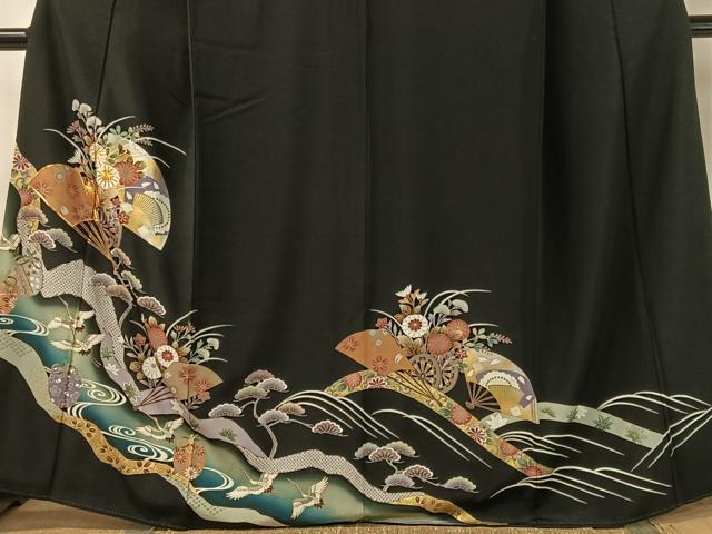 平和屋着物■豪華黒留袖 駒刺繍 流水飛鶴扇面花車文 暈し染め 金銀彩 正絹 逸品 CAAZ2352vp_画像3