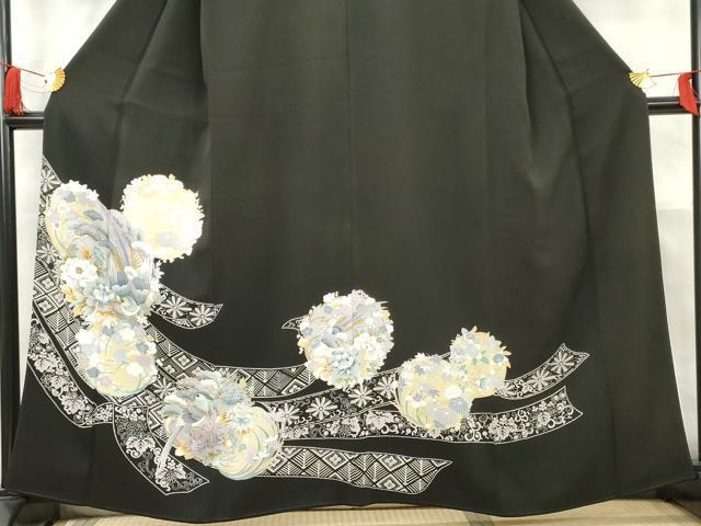 平和屋着物■豪華黒留袖 駒刺繍 花鳥丸文 銀彩 銀糸 正絹 逸品 AABC5830cs_画像3