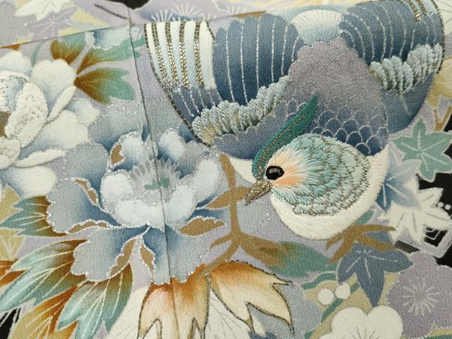 平和屋着物■豪華黒留袖 駒刺繍 花鳥丸文 銀彩 銀糸 正絹 逸品 AABC5830cs_画像6