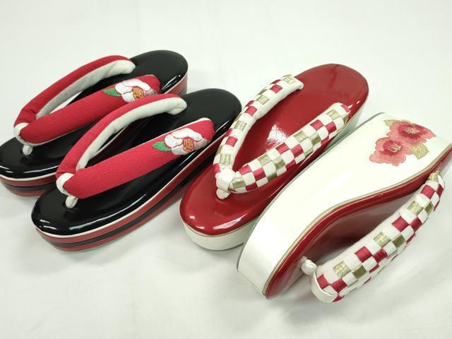 平和屋着物▼和装小物 草履まとめて2足 厚底 刺繍 椿 市松文 ぽっくり 舞妓風 金糸 Mサイズ 逸品 CAAX8123ju_画像1