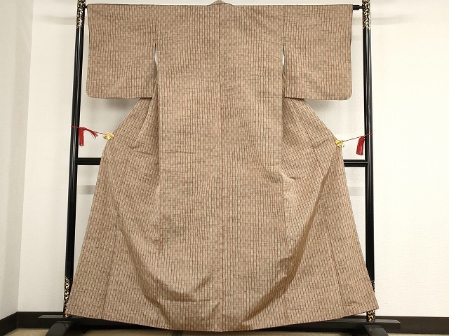 平和屋着物■上質な紬　縦枠間道　正絹　逸品　AAAL6138Abw_画像1