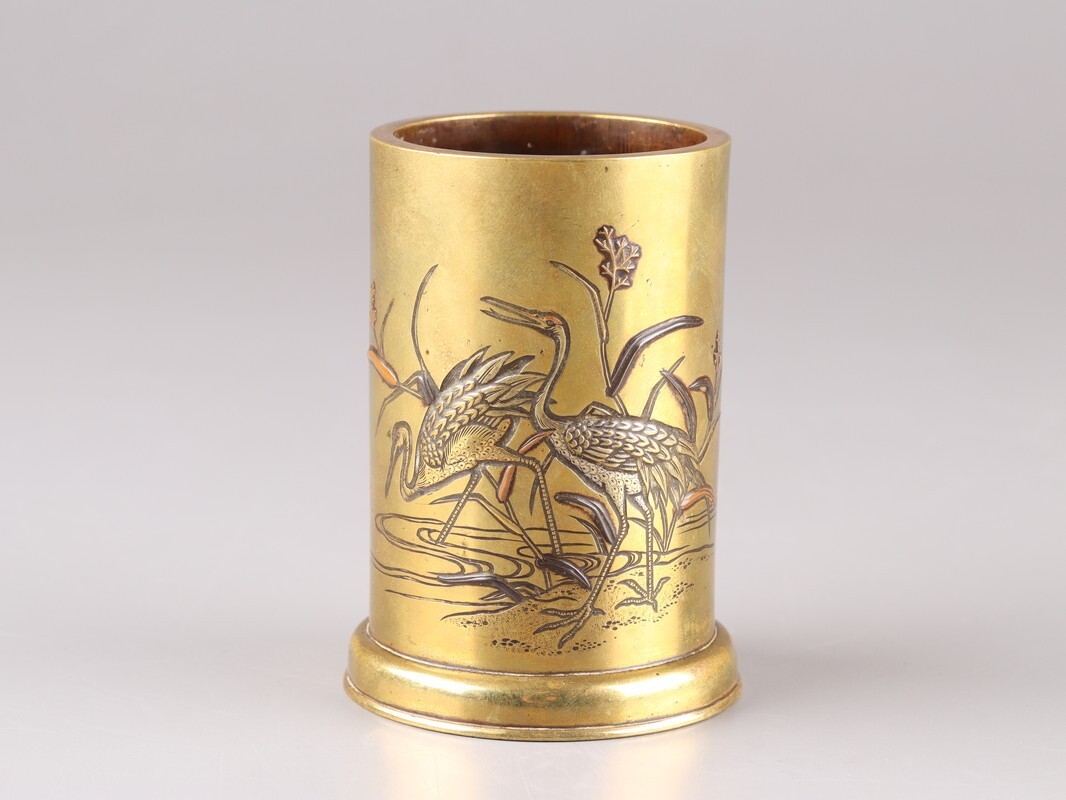 古美術 金工美術 古銅造 象嵌 双鶴 書道具 筆筒 時代物 極上品 初だし品 D5271_画像2