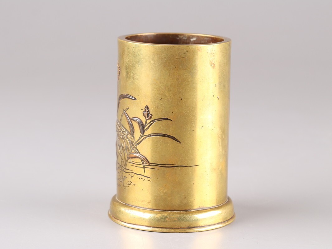 古美術 金工美術 古銅造 象嵌 双鶴 書道具 筆筒 時代物 極上品 初だし品 D5271_画像3