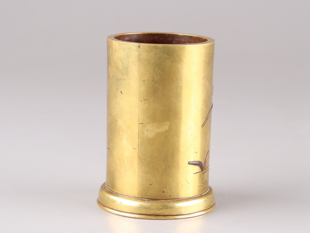 古美術 金工美術 古銅造 象嵌 双鶴 書道具 筆筒 時代物 極上品 初だし品 D5271_画像4