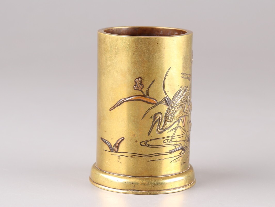 古美術 金工美術 古銅造 象嵌 双鶴 書道具 筆筒 時代物 極上品 初だし品 D5271_画像5