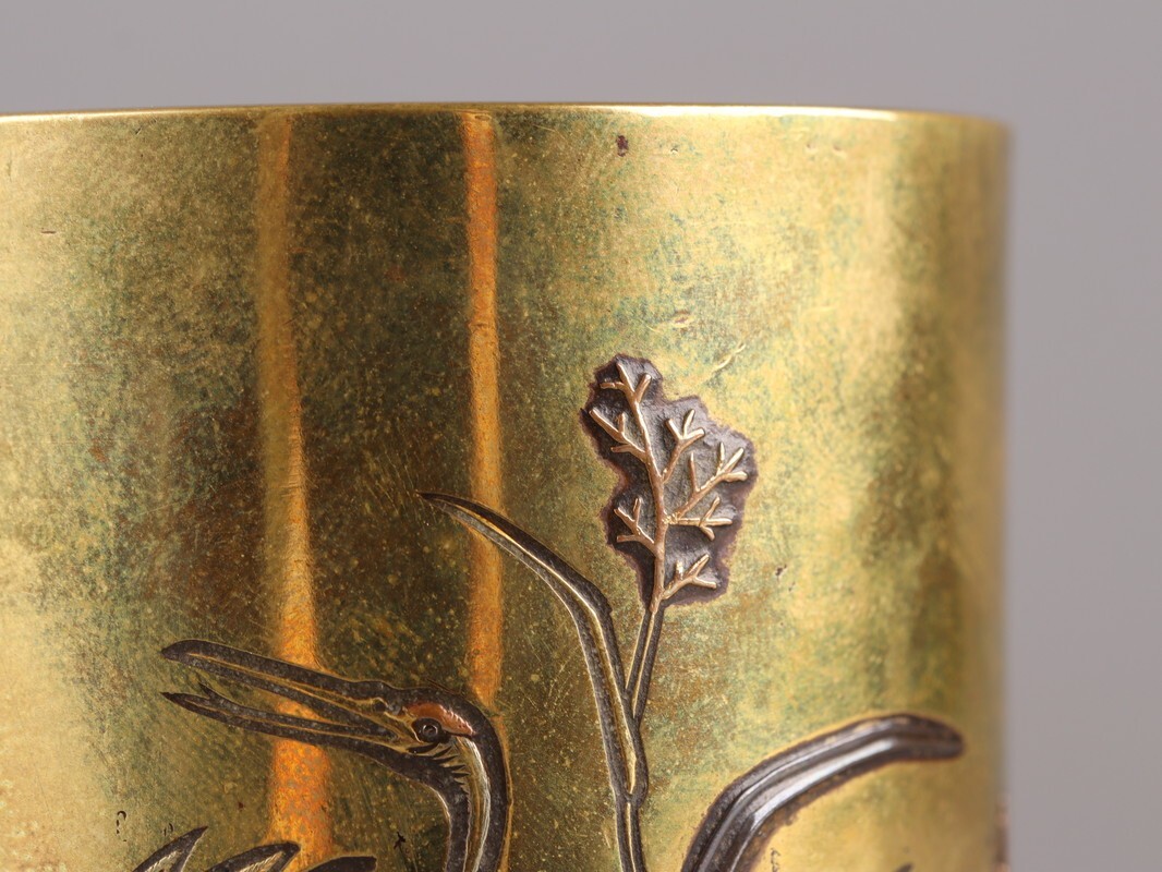 古美術 金工美術 古銅造 象嵌 双鶴 書道具 筆筒 時代物 極上品 初だし品 D5271_画像6