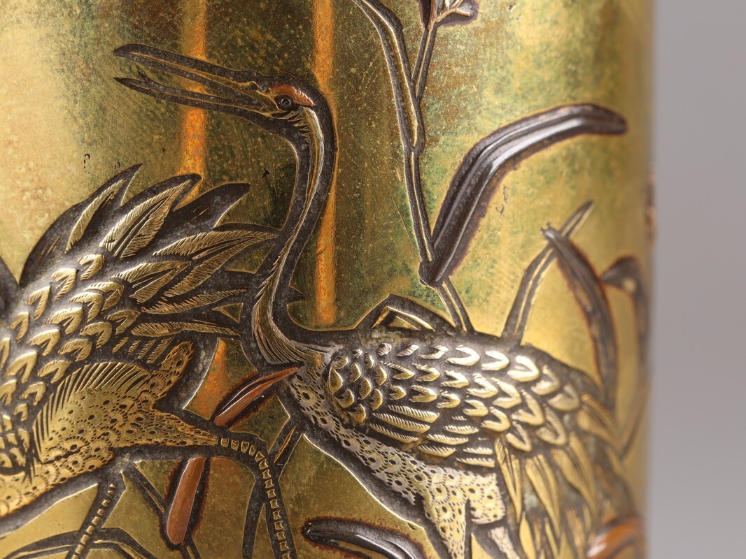 古美術 金工美術 古銅造 象嵌 双鶴 書道具 筆筒 時代物 極上品 初だし品 D5271_画像7