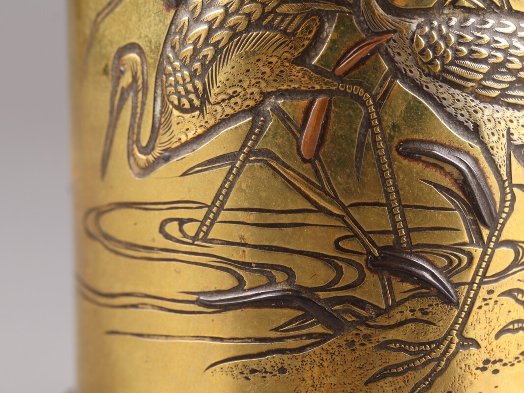 古美術 金工美術 古銅造 象嵌 双鶴 書道具 筆筒 時代物 極上品 初だし品 D5271_画像8