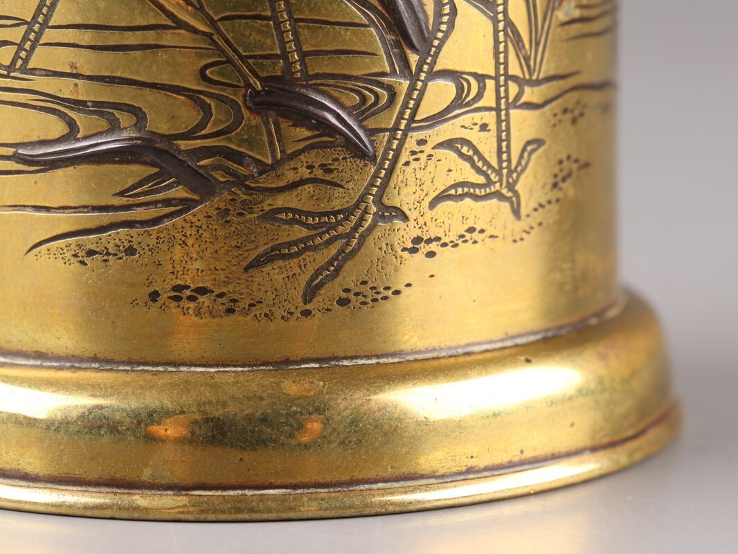 古美術 金工美術 古銅造 象嵌 双鶴 書道具 筆筒 時代物 極上品 初だし品 D5271_画像9