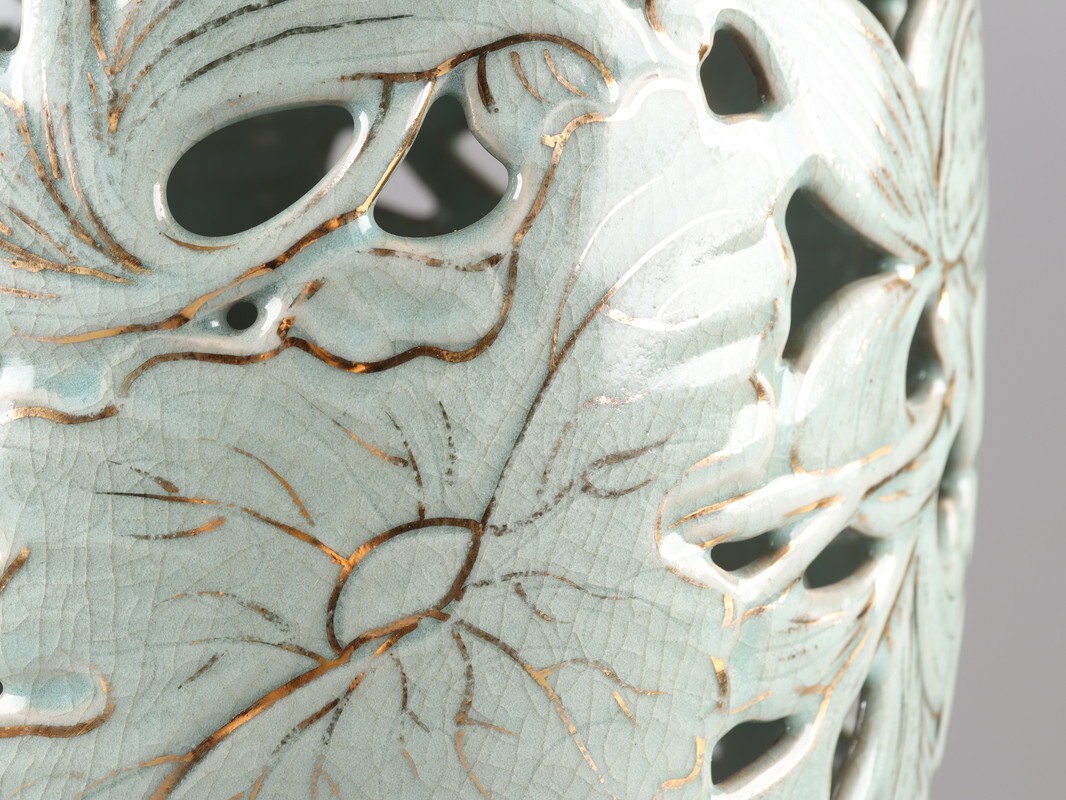 古美術 朝鮮古陶磁器 高麗青磁 金彩 蓮花文 置物 時代物 極上品 初だし品 D5260_画像6