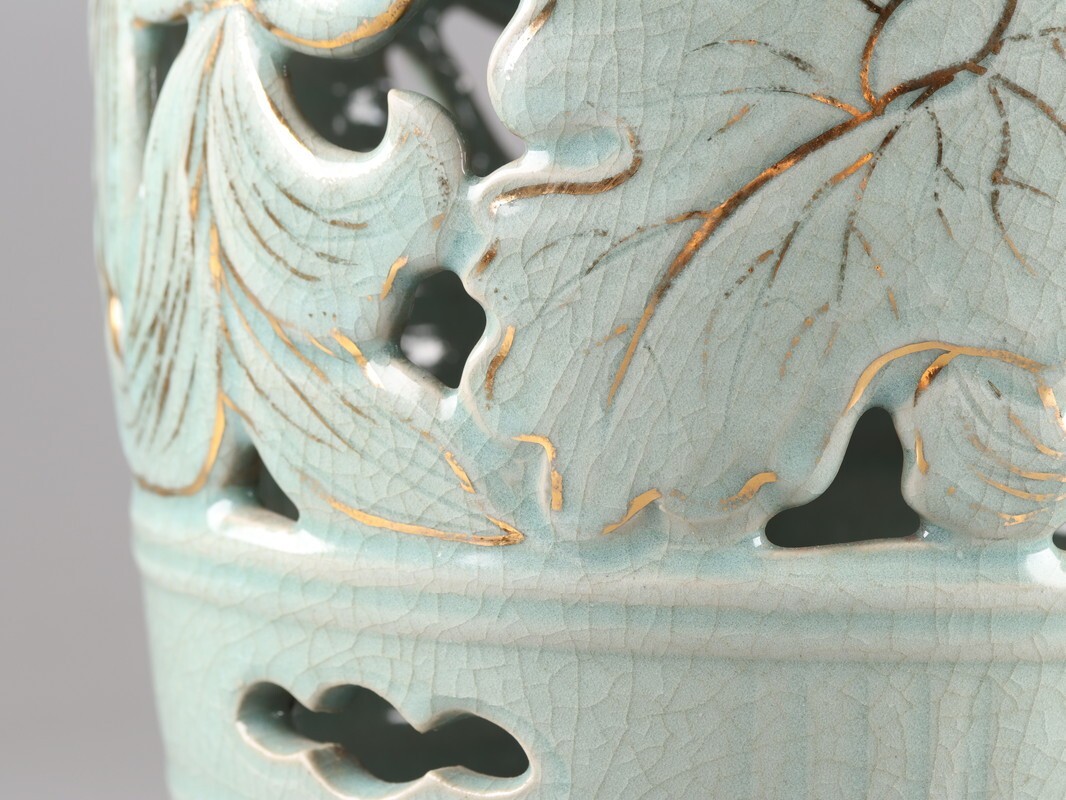 古美術 朝鮮古陶磁器 高麗青磁 金彩 蓮花文 置物 時代物 極上品 初だし品 D5260_画像7