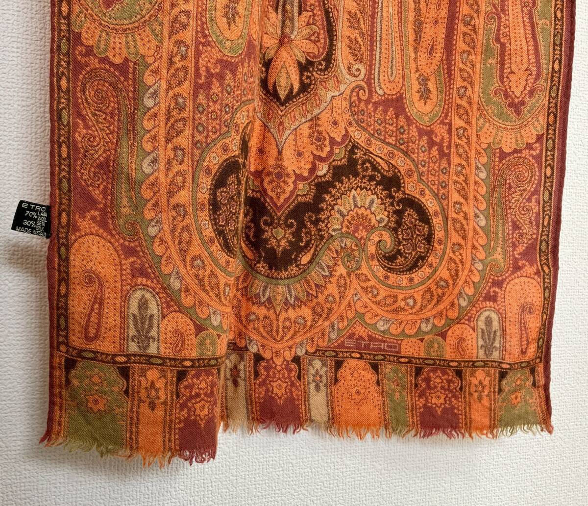 ETRO エトロ ペイズリー 総柄 シルク ラマウール ストール ショール スカーフ 端フリンジ 薄手 実寸約126×39cm_画像2