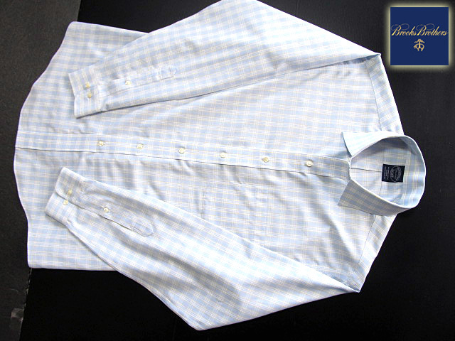 * прекрасный товар Brooks Brothers BROOKS BROTHERS активный сорочка длинный рукав L размер редкий товар рукоятка Sam проверка голубой × желтый × белый 