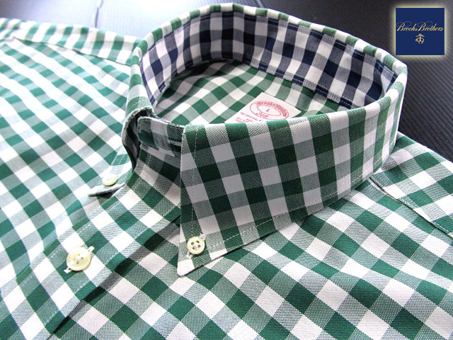 * прекрасный товар Brooks Brothers BROOKS BROTHERS кнопка down рубашка длинный рукав L размер редкий товар серебристый жевательная резинка проверка зеленый × белый 