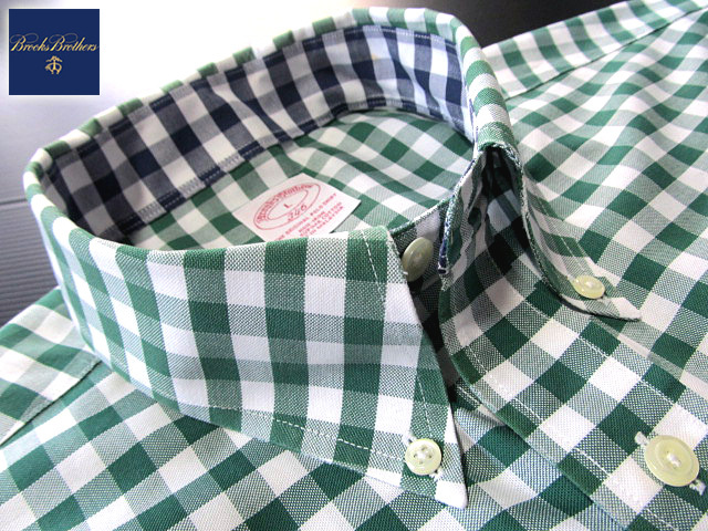 * прекрасный товар Brooks Brothers BROOKS BROTHERS кнопка down рубашка длинный рукав L размер редкий товар серебристый жевательная резинка проверка зеленый × белый 
