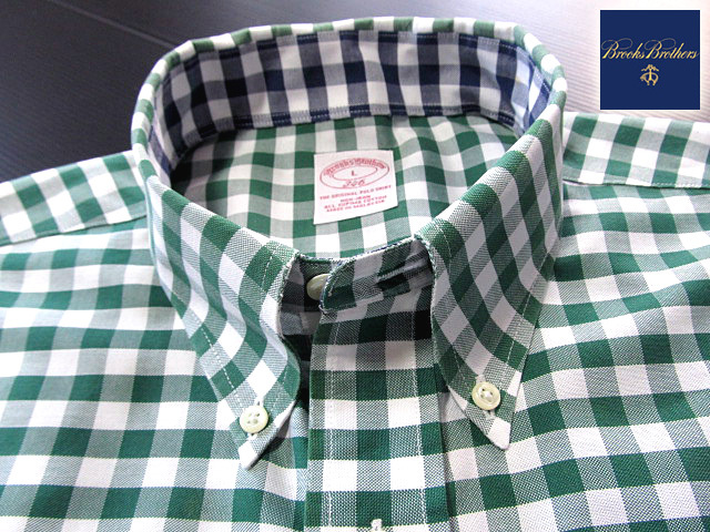 * прекрасный товар Brooks Brothers BROOKS BROTHERS кнопка down рубашка длинный рукав L размер редкий товар серебристый жевательная резинка проверка зеленый × белый 