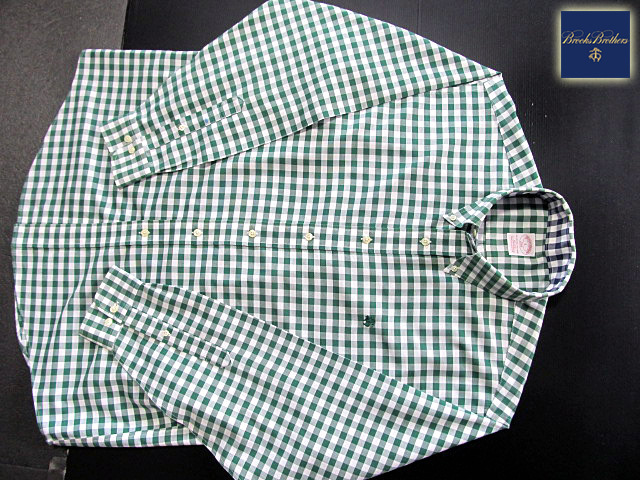 * прекрасный товар Brooks Brothers BROOKS BROTHERS кнопка down рубашка длинный рукав L размер редкий товар серебристый жевательная резинка проверка зеленый × белый 