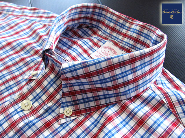 * прекрасный товар Brooks Brothers BROOKS BROTHERS кнопка down рубашка длинный рукав L размер редкий товар рукоятка Sam проверка голубой × Brown × белый 