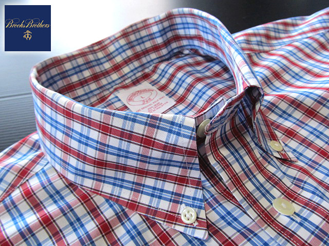 * прекрасный товар Brooks Brothers BROOKS BROTHERS кнопка down рубашка длинный рукав L размер редкий товар рукоятка Sam проверка голубой × Brown × белый 