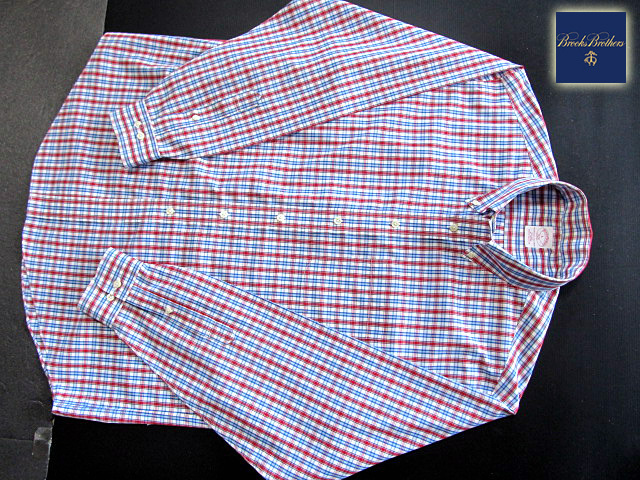 * прекрасный товар Brooks Brothers BROOKS BROTHERS кнопка down рубашка длинный рукав L размер редкий товар рукоятка Sam проверка голубой × Brown × белый 