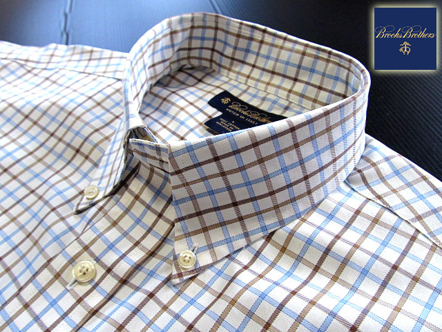* прекрасный товар Brooks Brothers BROOKS BROTHERS кнопка down рубашка длинный рукав L размер редкий товар рукоятка Sam проверка голубой × Brown × белый 