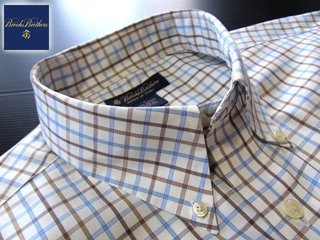 * прекрасный товар Brooks Brothers BROOKS BROTHERS кнопка down рубашка длинный рукав L размер редкий товар рукоятка Sam проверка голубой × Brown × белый 