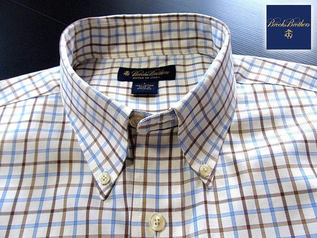 * прекрасный товар Brooks Brothers BROOKS BROTHERS кнопка down рубашка длинный рукав L размер редкий товар рукоятка Sam проверка голубой × Brown × белый 