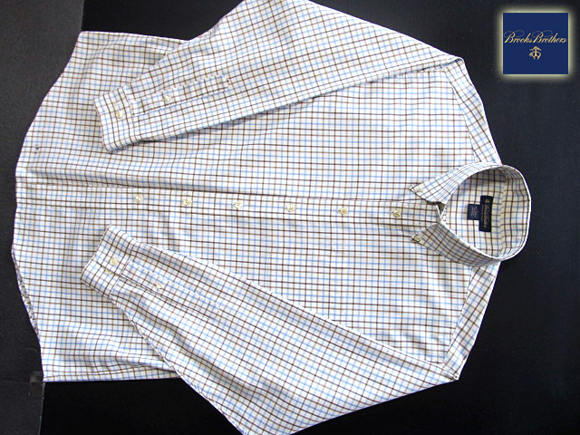 * прекрасный товар Brooks Brothers BROOKS BROTHERS кнопка down рубашка длинный рукав L размер редкий товар рукоятка Sam проверка голубой × Brown × белый 