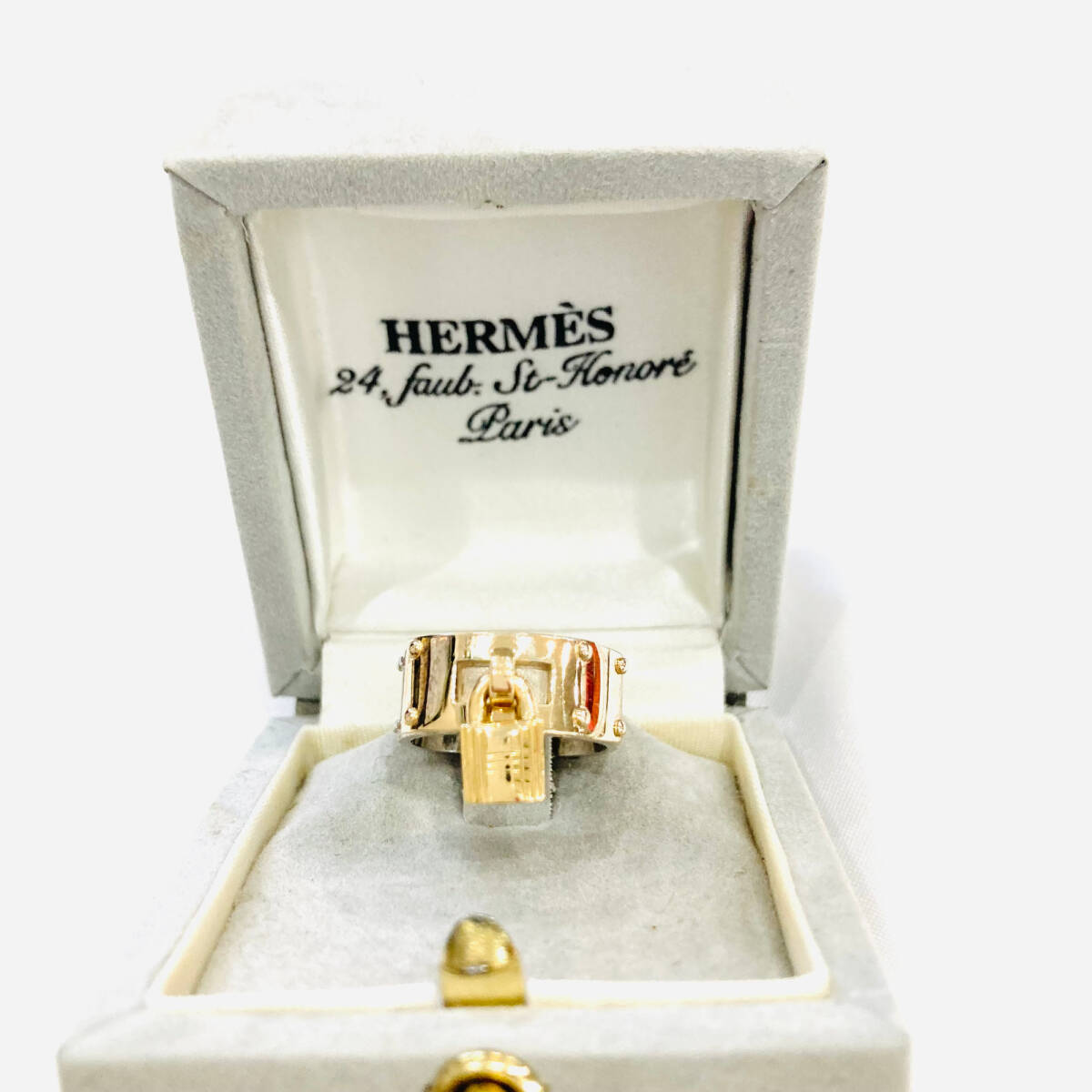 1円～★HERMES エルメス ケリーリング Kelly Ring SV925 ゴールド コンビ 49 南京錠 パドロック 指輪 箱付き S511-2_画像1