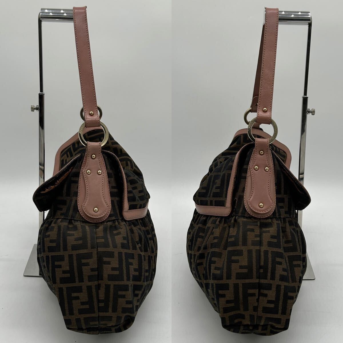1円 ◆美品◆ FENDI フェンディ シェフバッグ ショルダーバッグ ハンドバッグ FF ズッカ柄 レザー キャンバス ブラウン 大容量 肩掛け_画像5