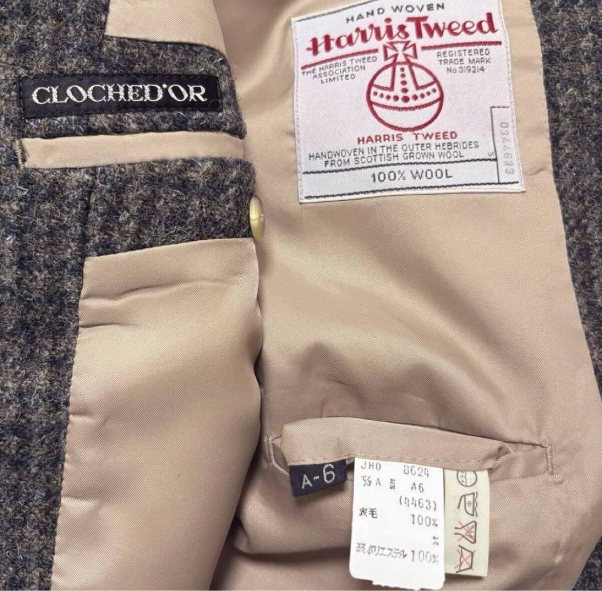 良品 Harris Tweed ハリスツイード 千鳥格子 ハウンドトゥース 総柄 くるみボタン テーラードジャケット ブレザー 2B A6 Lサイズ相当_画像9