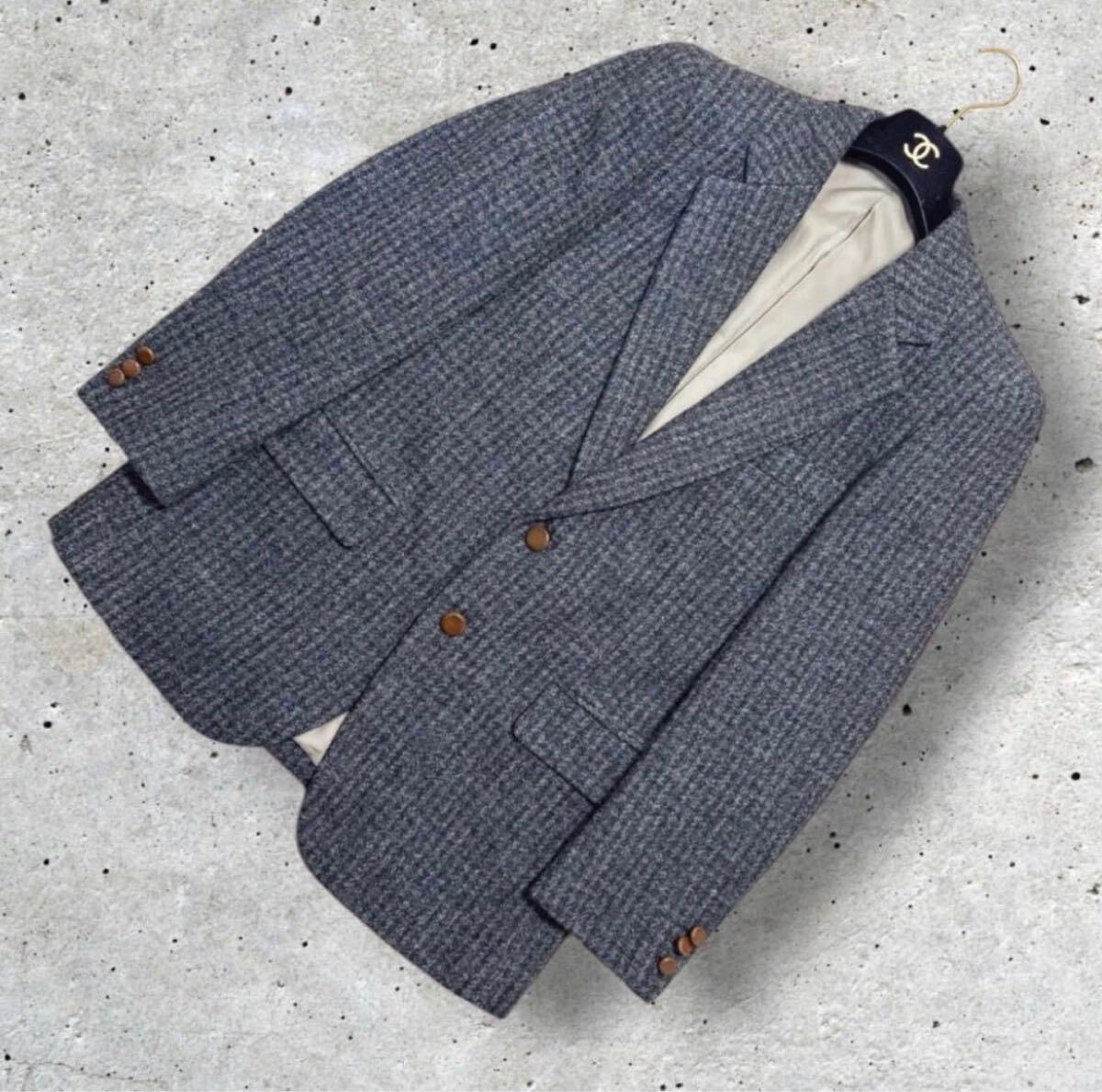 良品 Harris Tweed ハリスツイード 千鳥格子 ハウンドトゥース 総柄 くるみボタン テーラードジャケット ブレザー 2B A6 Lサイズ相当_画像2