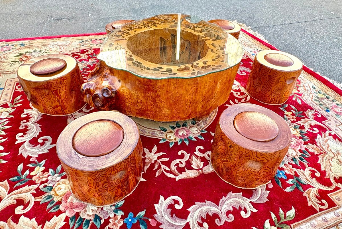 屋久杉 ローテーブル 机 椅子 イス 6脚セット 天然瘤材 ガラス天板 認定シール 極上杢目 屋久杉テーブル 一枚丸太造形 f0007_画像1